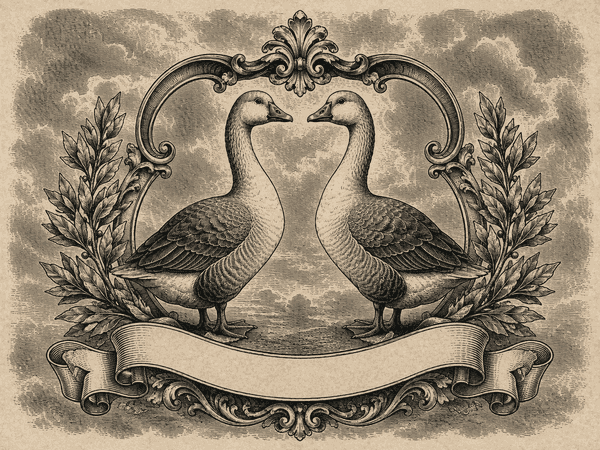The Double Standard Press crest — two mirrored geese in a Victorian laurel frame, echoing the “sauce for the goose” motto
