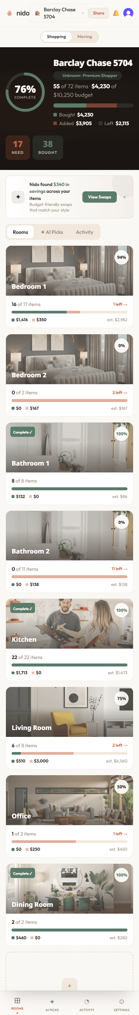Nido shopping rooms on a phone screen