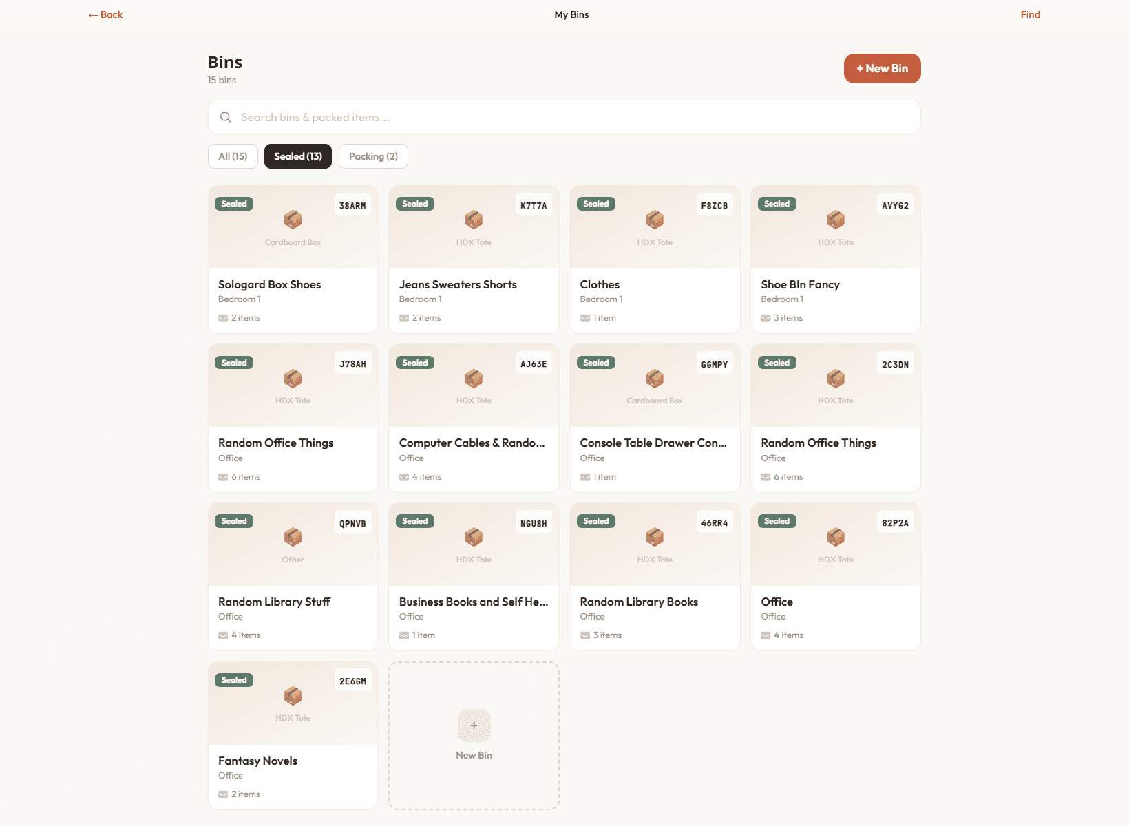 The Nido bins grid showing packed bins with QR serials, container types, and sealed status