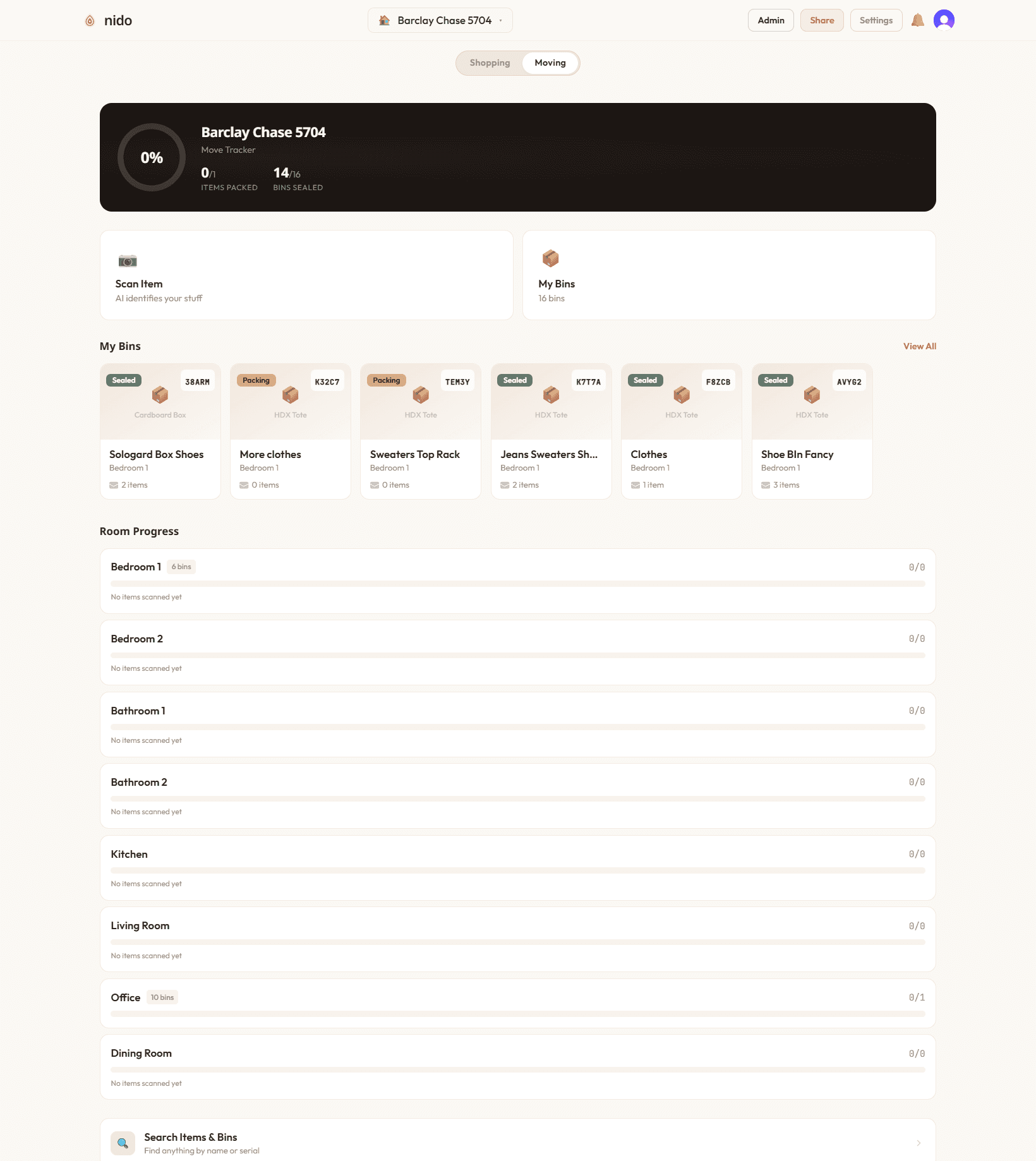 The Nido Move Tracker dashboard showing packing progress across rooms
