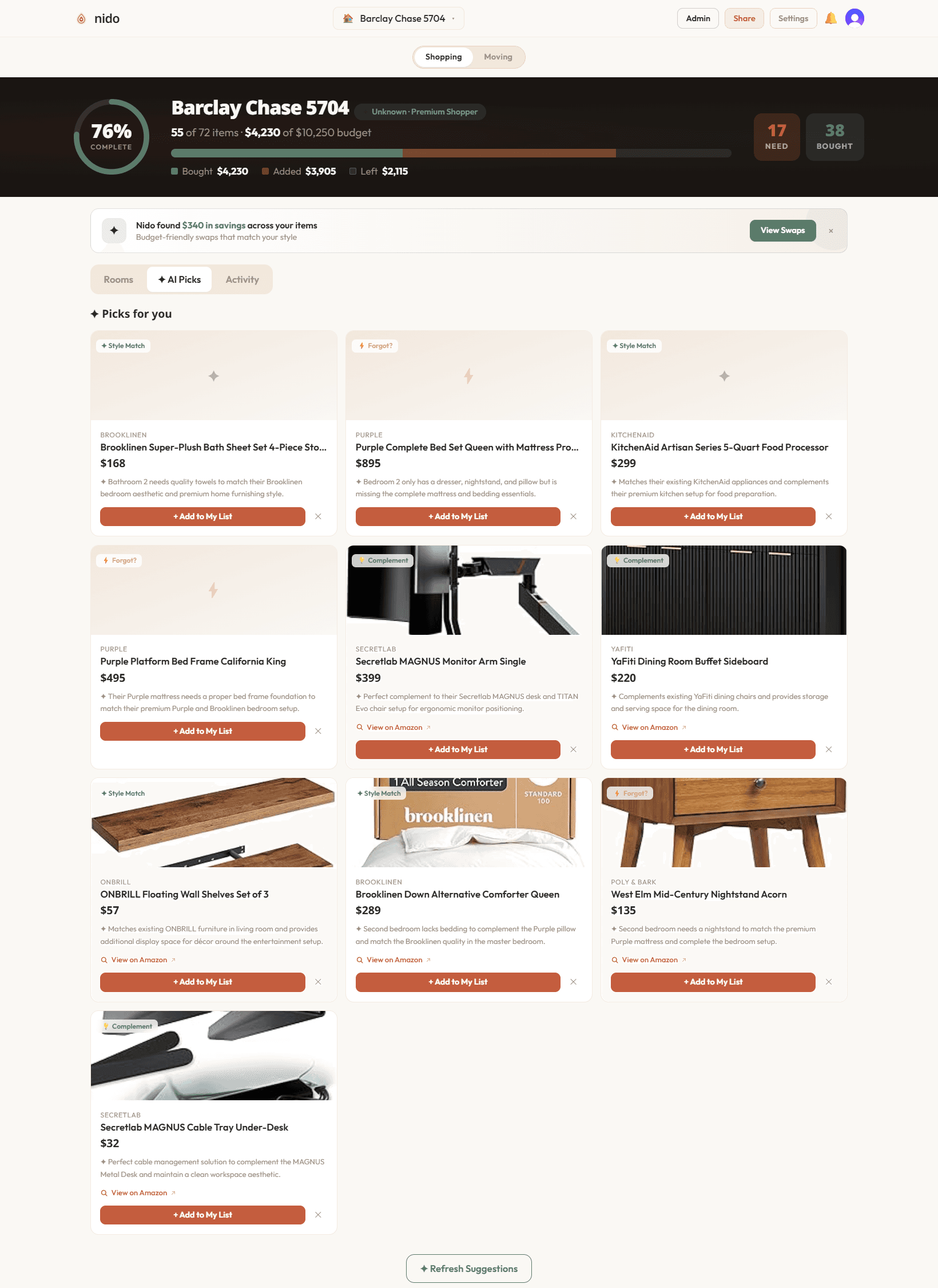 The Nido AI picks view surfacing budget-friendly, style-matched product swaps