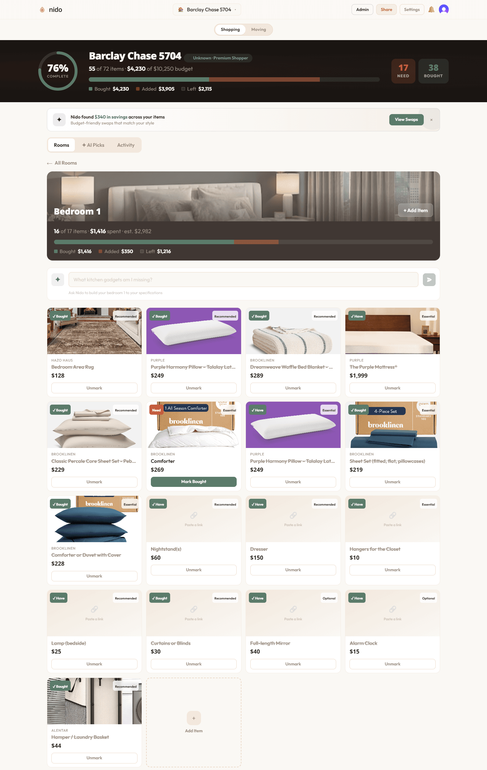 A Nido room detail showing items with prices and priorities, plus paste-a-link product entry