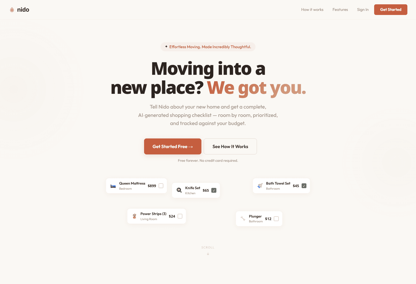 The Nido marketing site hero — moving into a new place, we got you