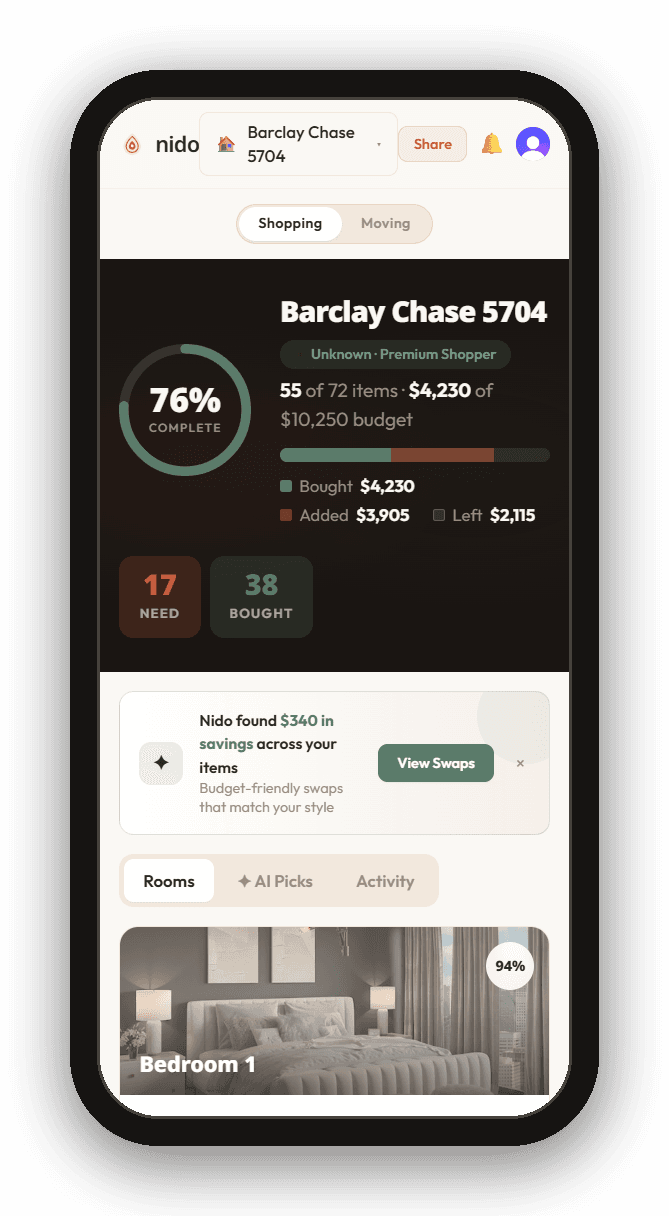 The Nido app on a phone — the shopping checklist with budget tracking and AI savings