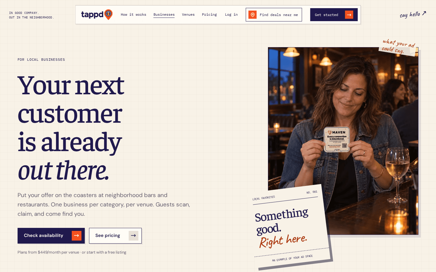 Tappd for-businesses page inviting local businesses to advertise on bar coasters, by iOLab Digital