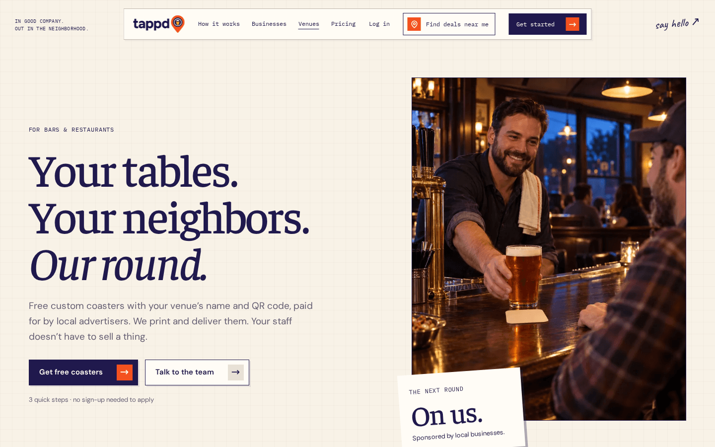 Tappd for-venues page offering bars and restaurants free custom coasters, by iOLab Digital