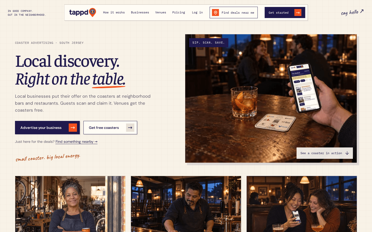 Tappd homepage: Local discovery, right on the table — coaster advertising site built by iOLab Digital