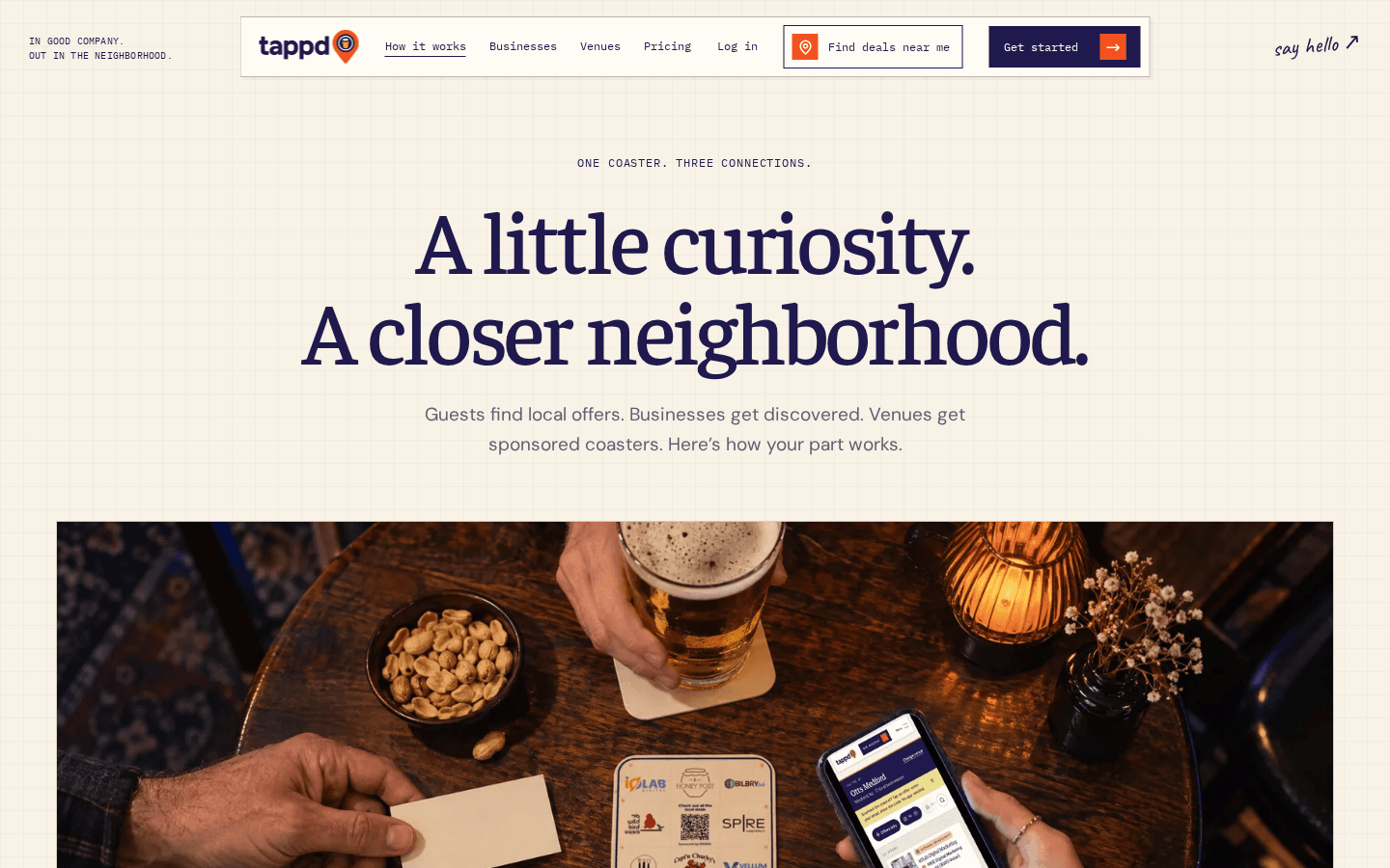 Tappd how-it-works page explaining the coaster, scan and claim flow, by iOLab Digital