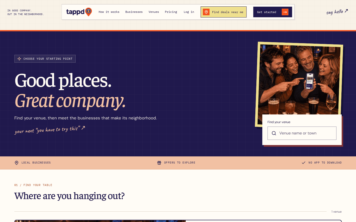 Tappd local deals page where guests find a venue and browse nearby offers, by iOLab Digital