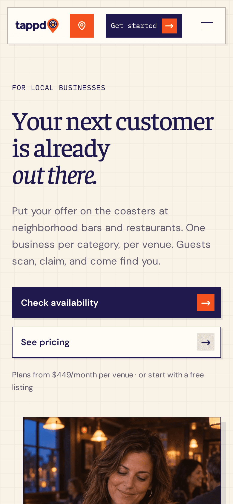 Tappd mobile page for local business advertisers, built by iOLab Digital
