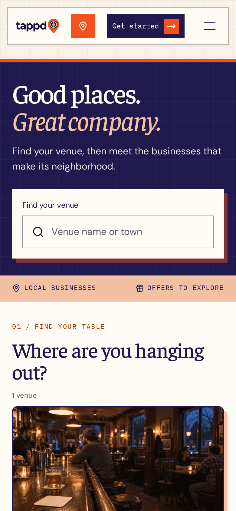 Tappd mobile local deals page with venue search, built by iOLab Digital