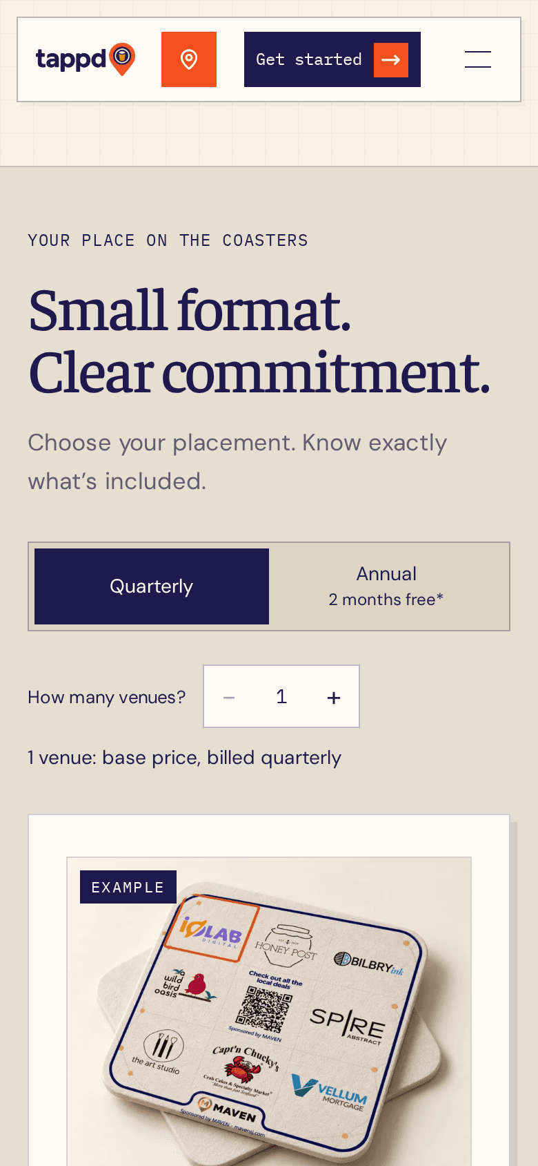Tappd mobile pricing page with coaster placement plans, built by iOLab Digital