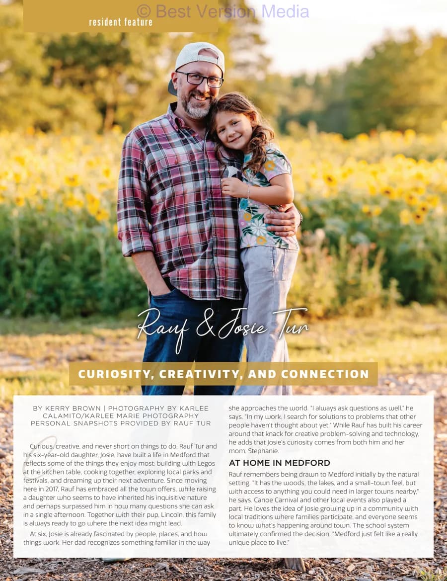 Medford Living October 2026 page 10 — resident feature opener: Rauf & Josie Tur, Curiosity, Creativity, and Connection