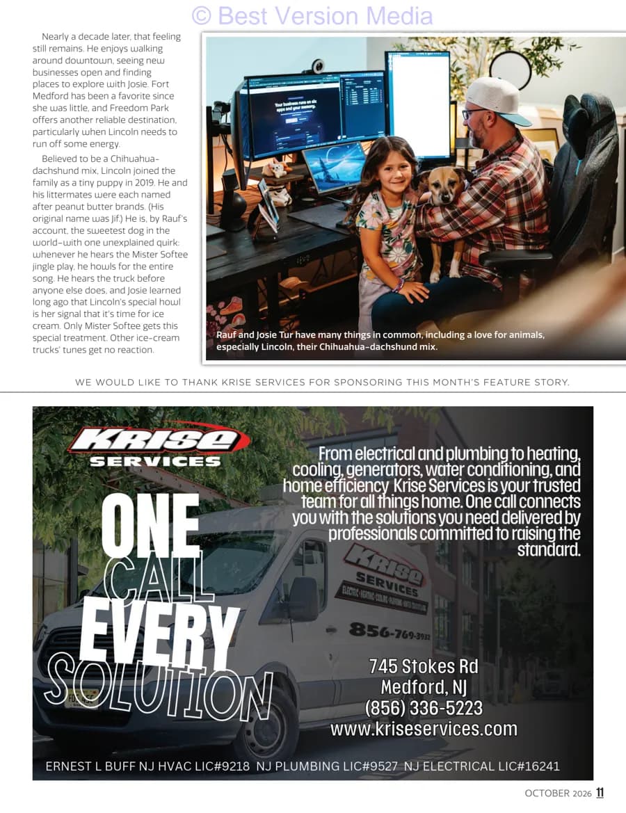 Medford Living October 2026 page 11 — the Tur family at home in Medford with their dog Lincoln