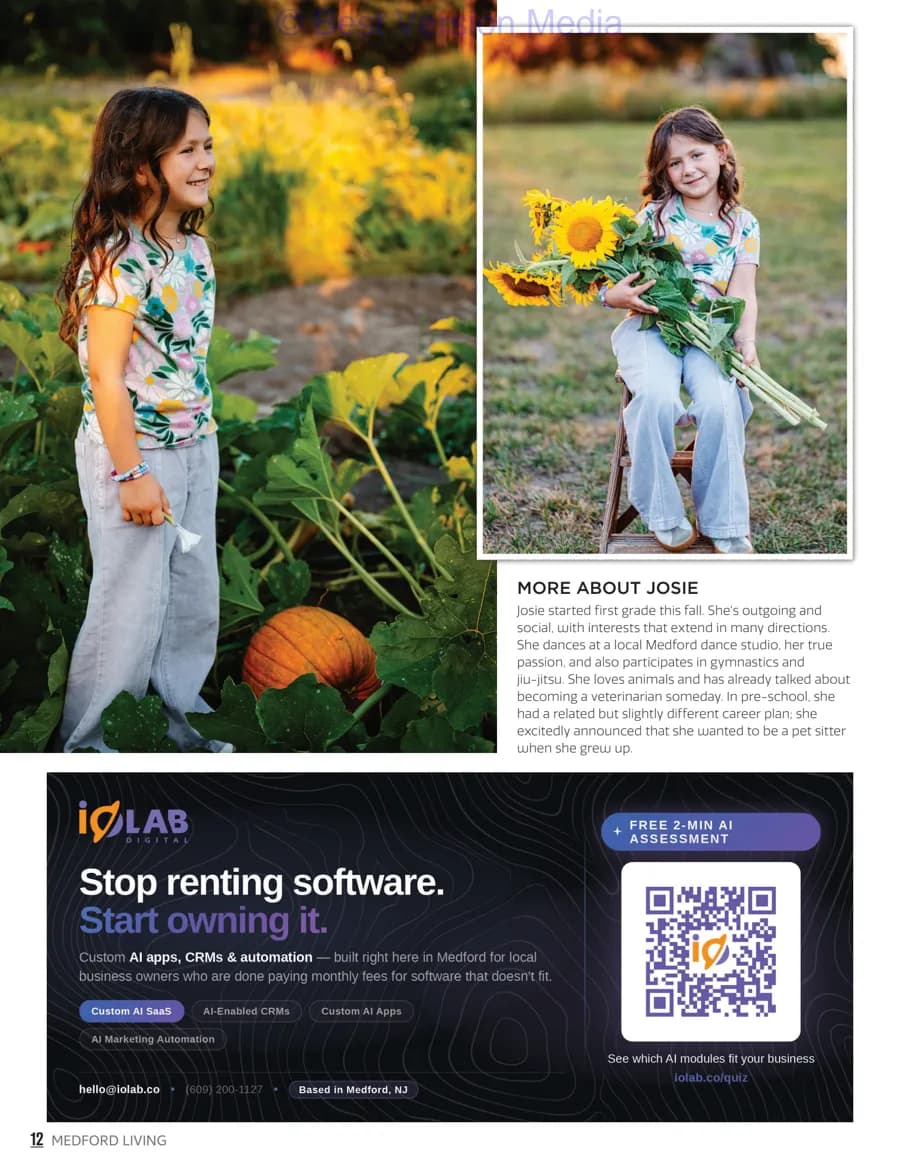 Medford Living October 2026 page 12 — More about Josie, and iOLab Digital's ad: Stop renting software. Start owning it.