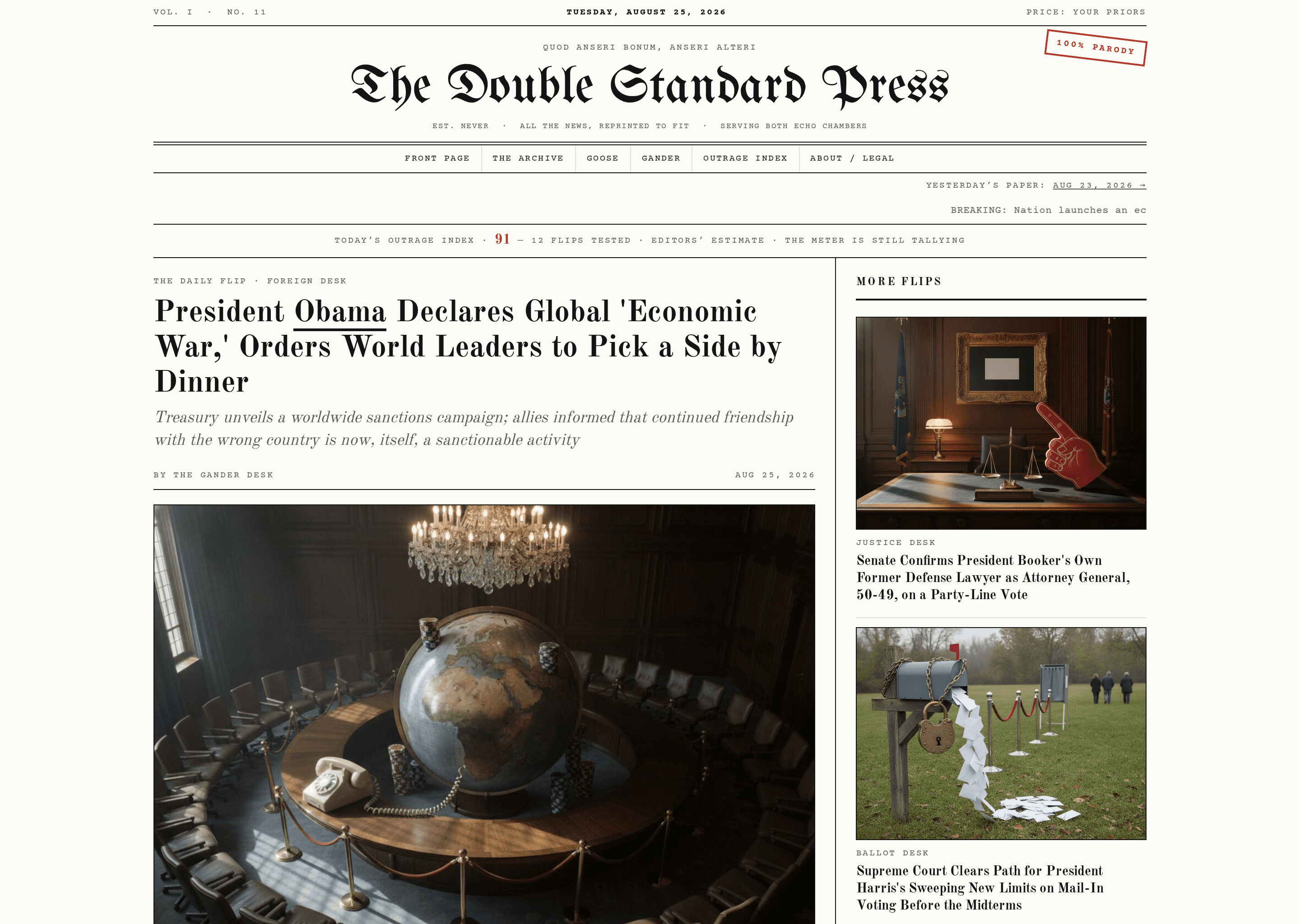 The Double Standard Press — satirical AI newspaper front page, a product built and operated by iOLab Digital