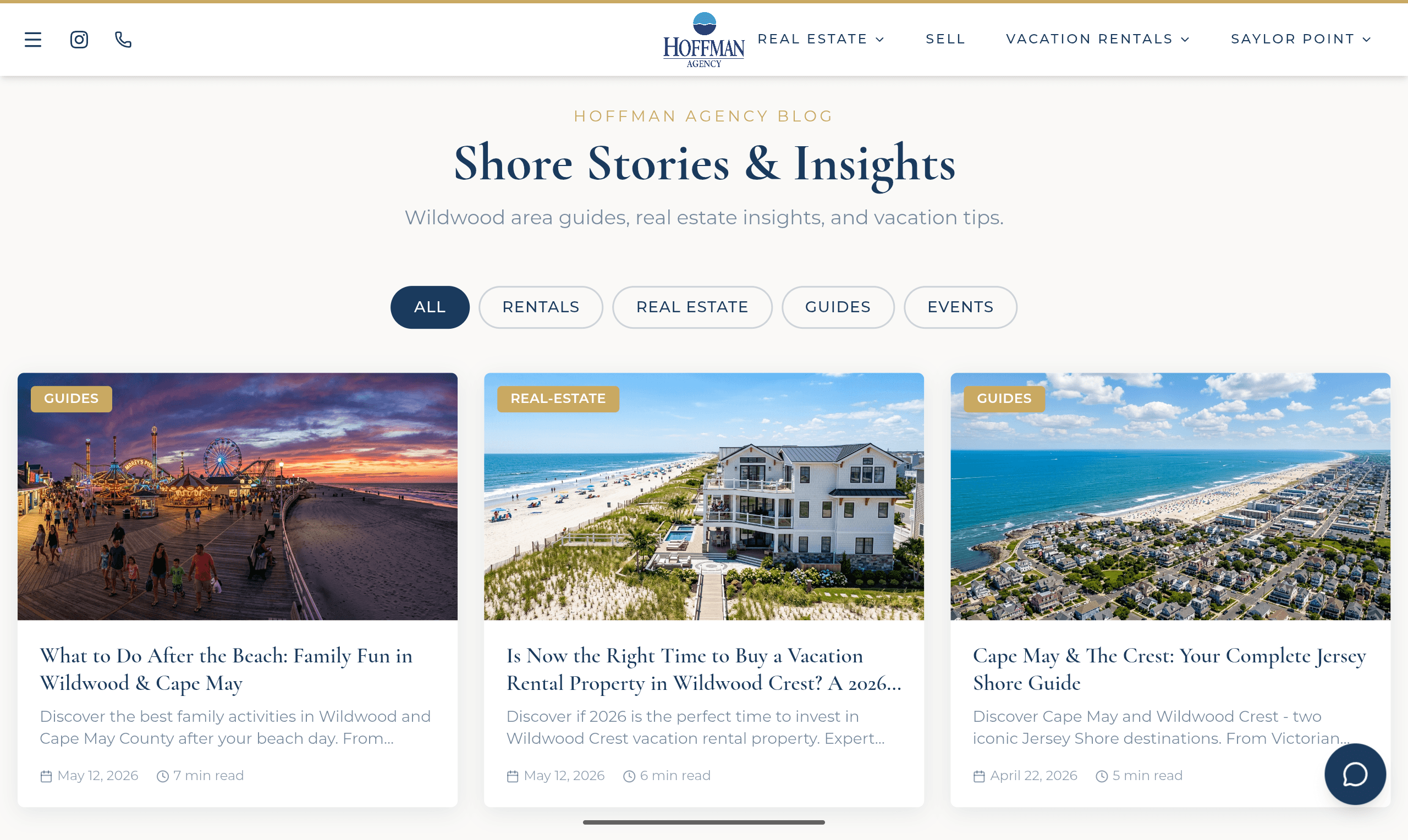 The Hoffman Agency 'Shore Stories' blog, an AI-generated SEO content engine for Wildwood real-estate and rental topics