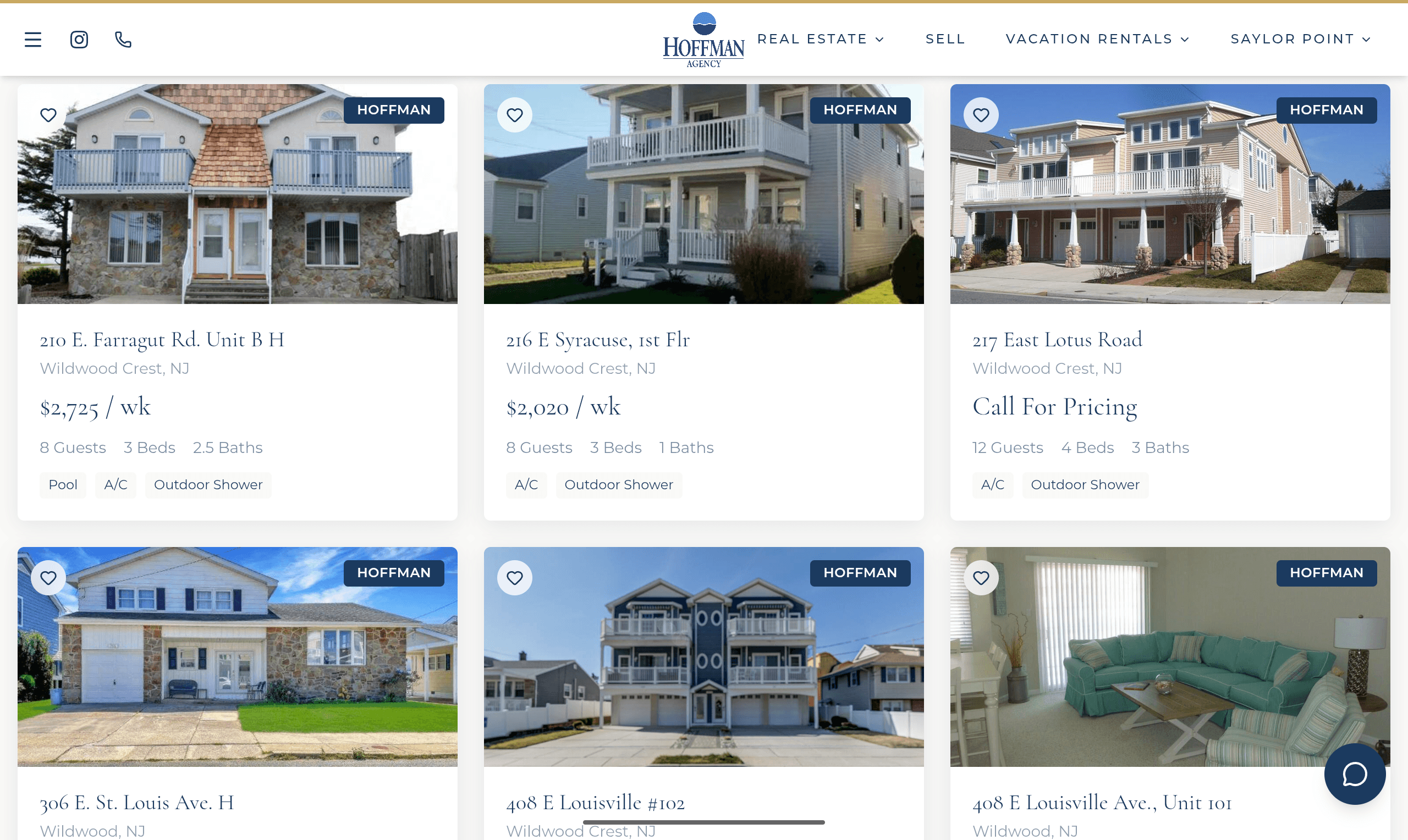 The Hoffman Agency vacation-rentals grid showing live Wildwood rental properties pulled from the Barefoot reservation system