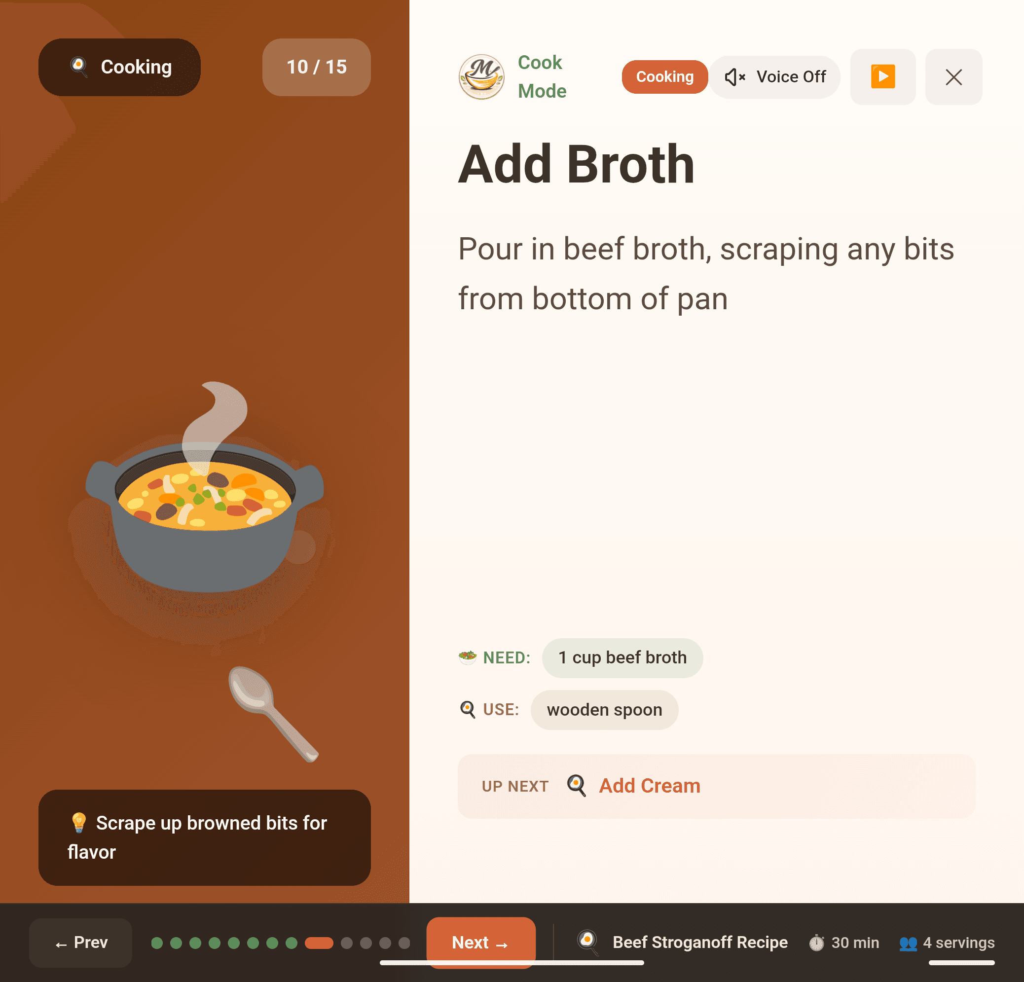 Meez Cook Mode step — Add broth