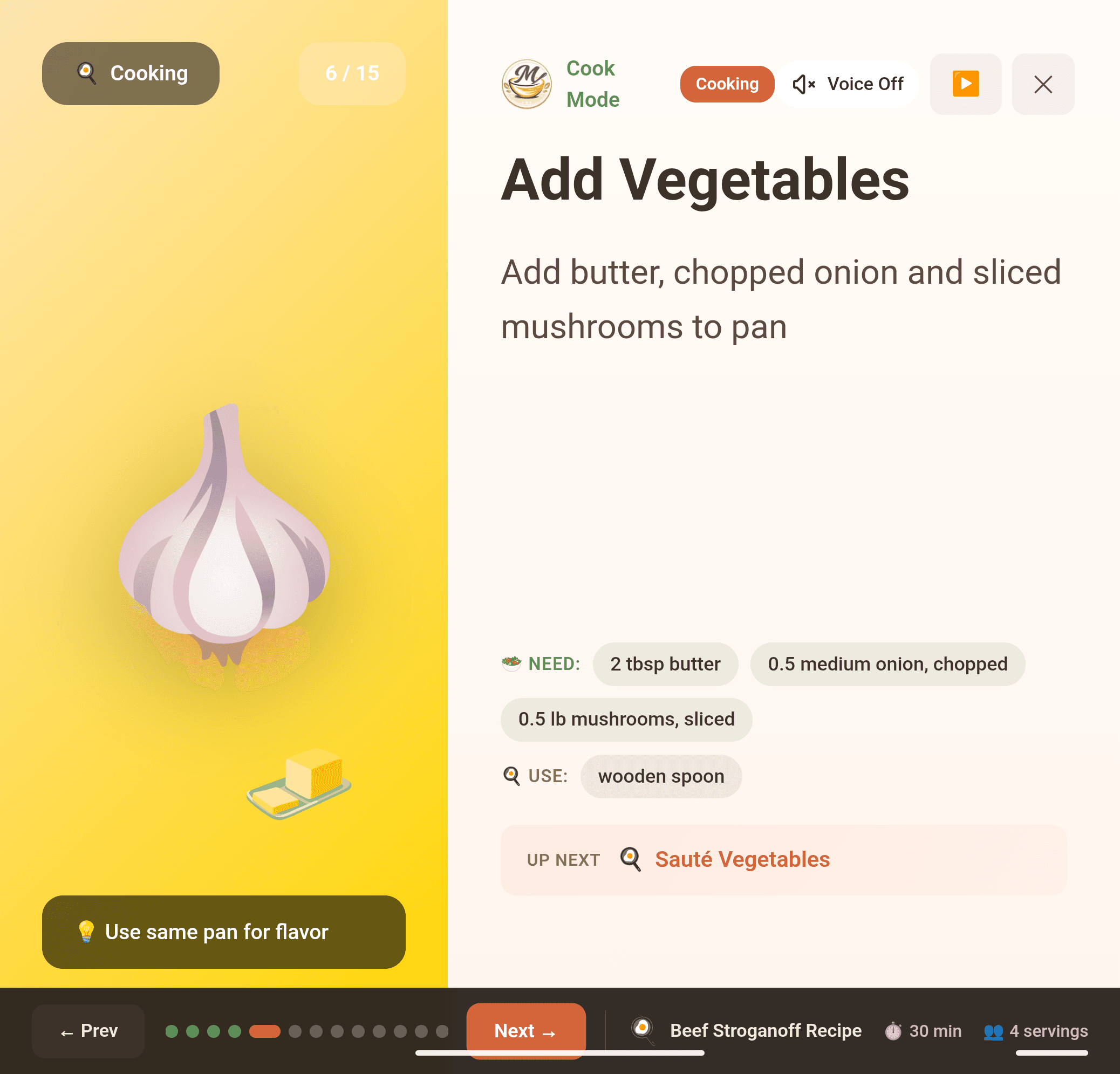 Meez Cook Mode step — Add vegetables