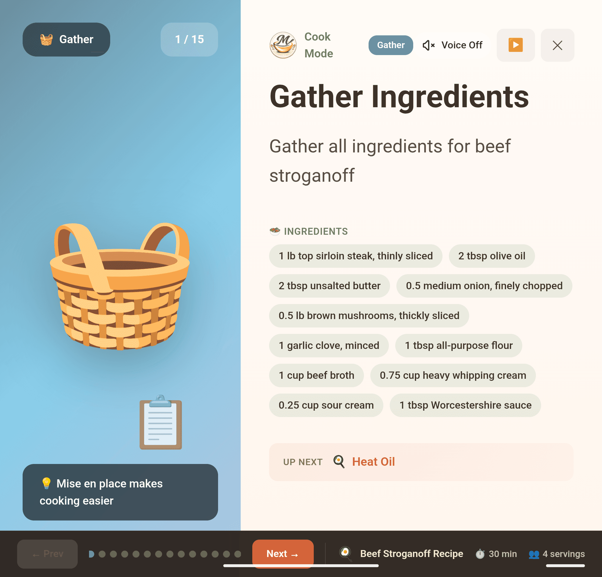 Meez Cook Mode step — Gather ingredients