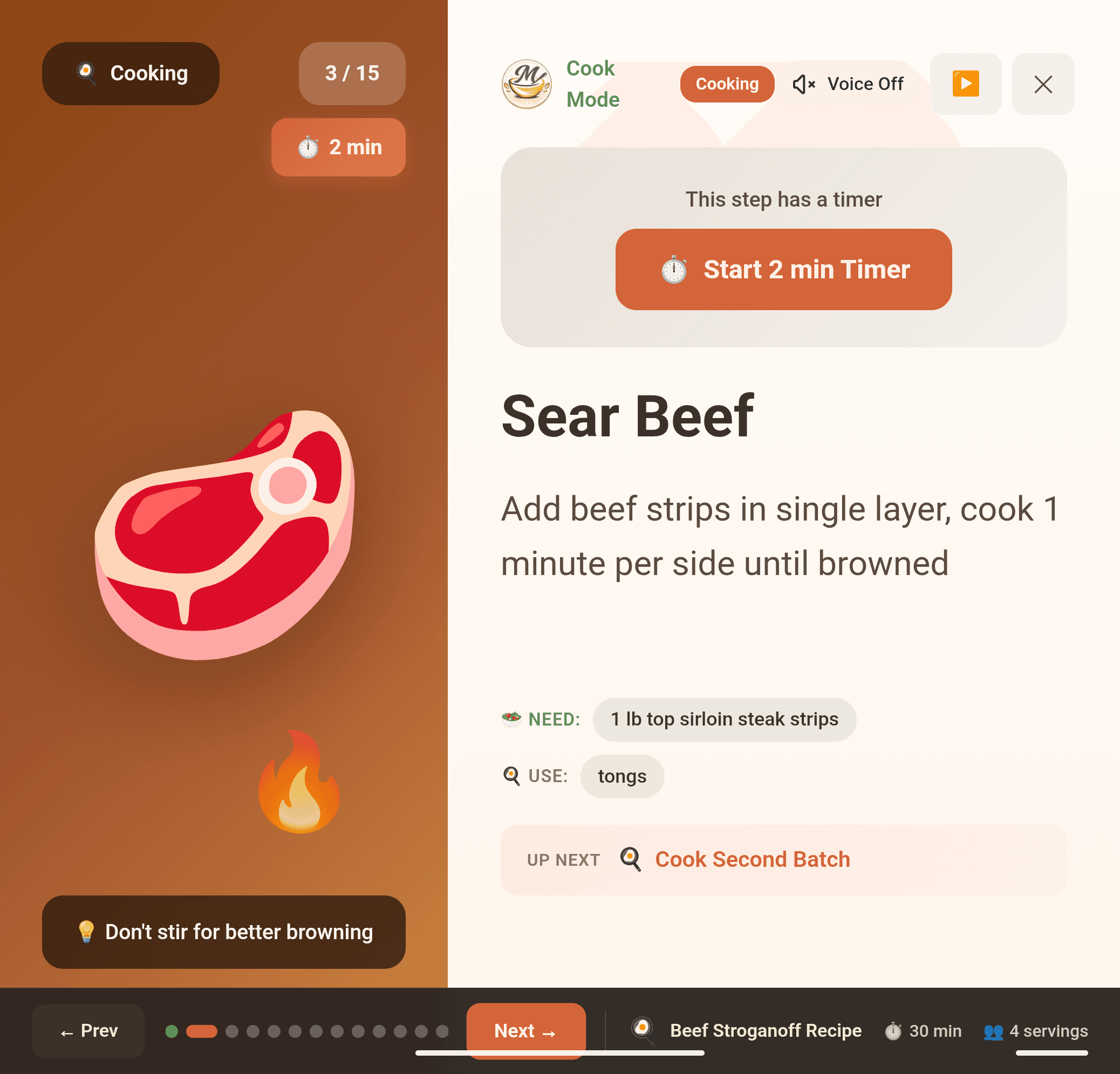 Meez Cook Mode showing a cuisine-themed illustration beside the current step, with a built-in timer