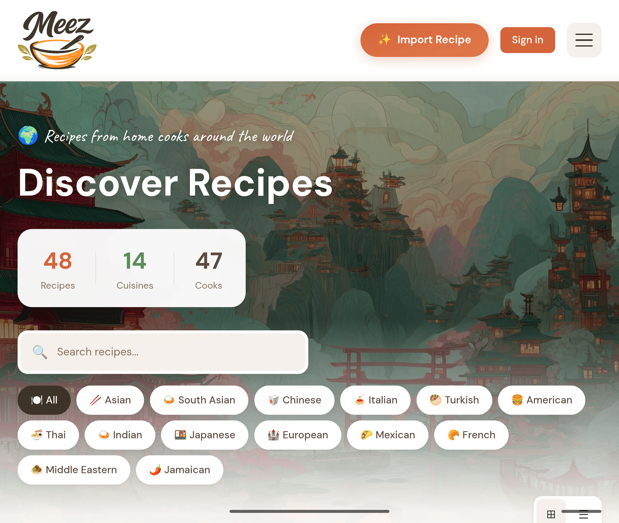 The Meez discover feed showing a live community stream of recipes imported by other home cooks