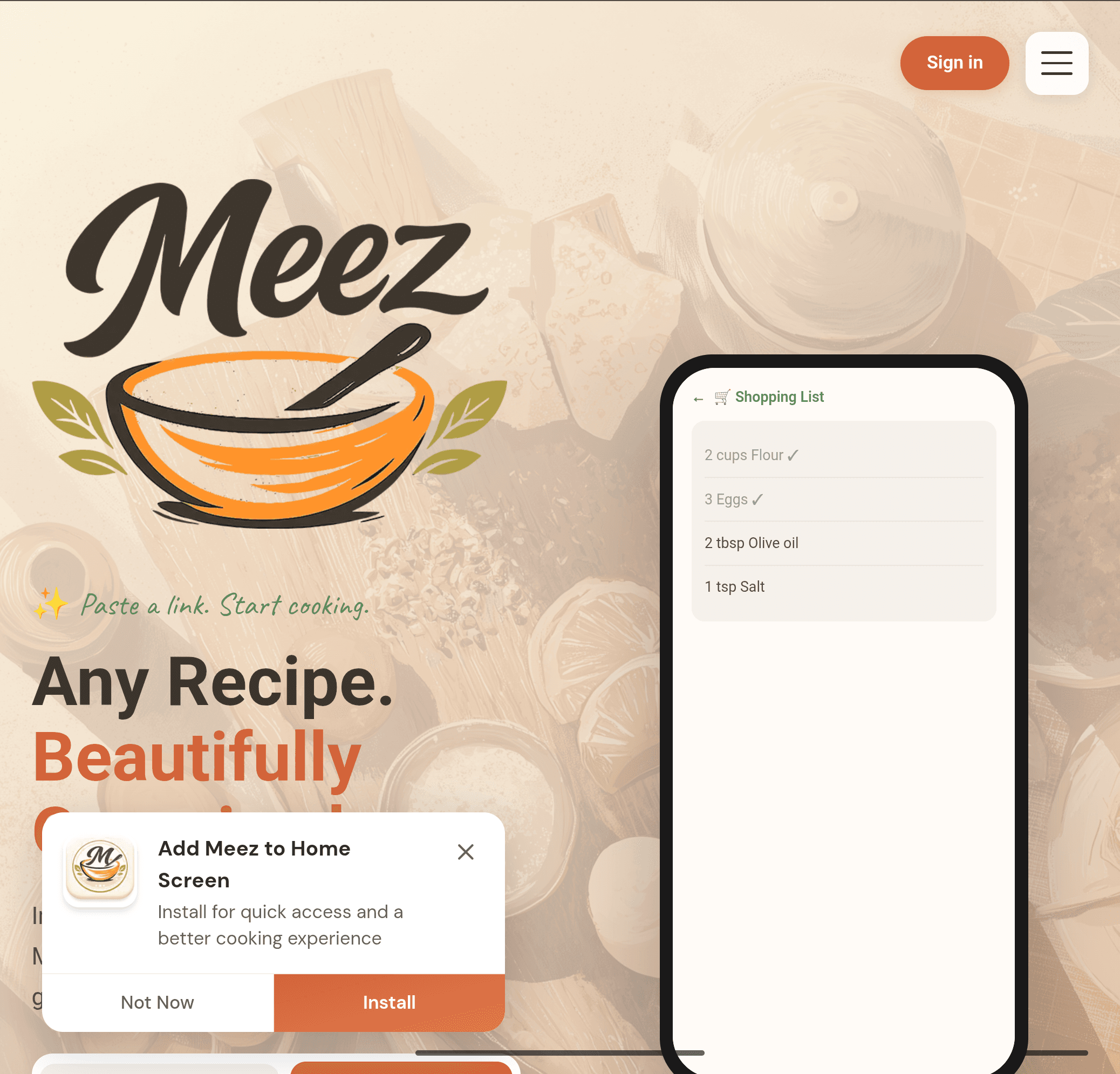 The Meez landing page hero — paste a recipe link to start cooking
