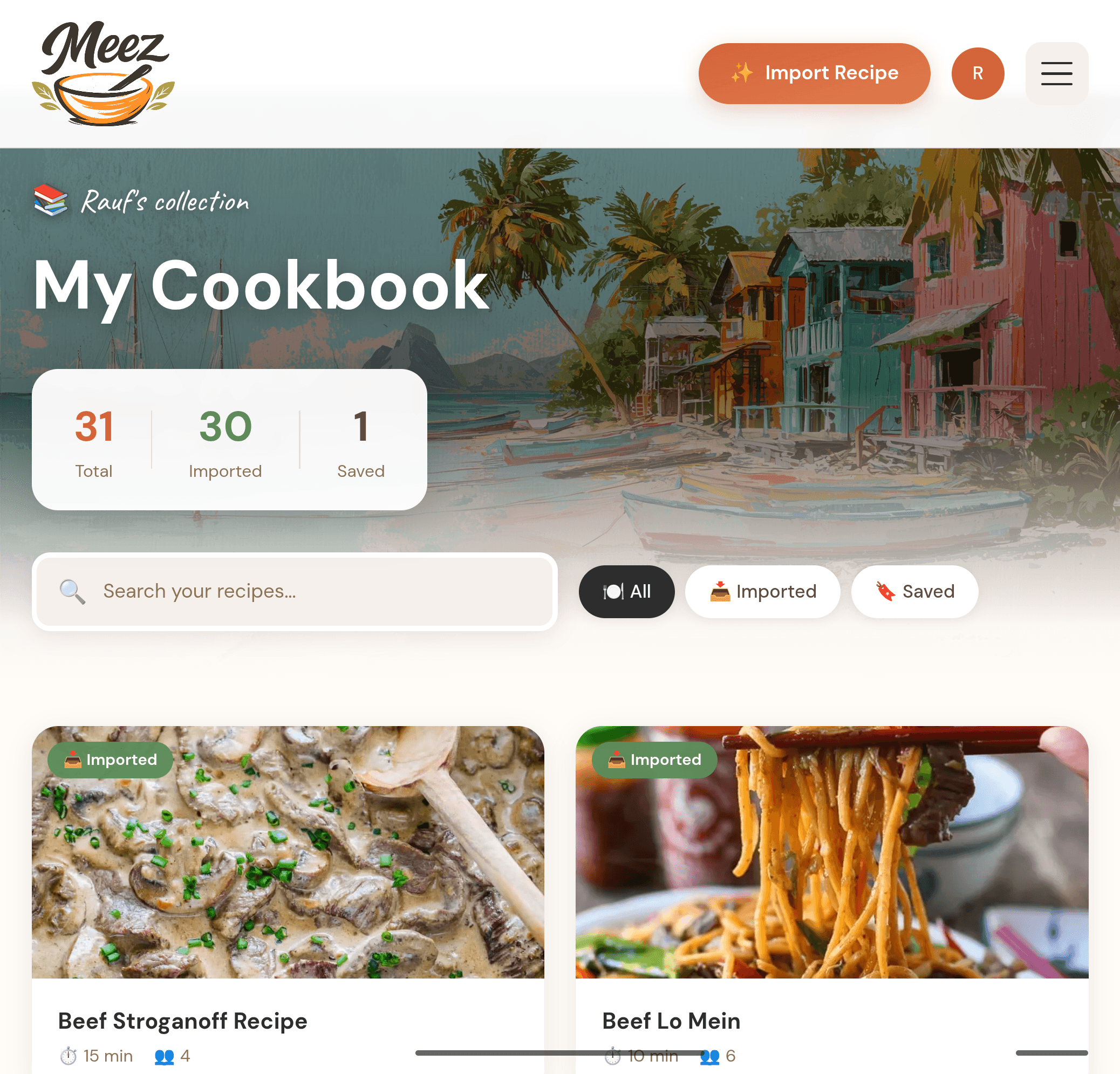 A user's personal Meez cookbook of saved and imported recipes
