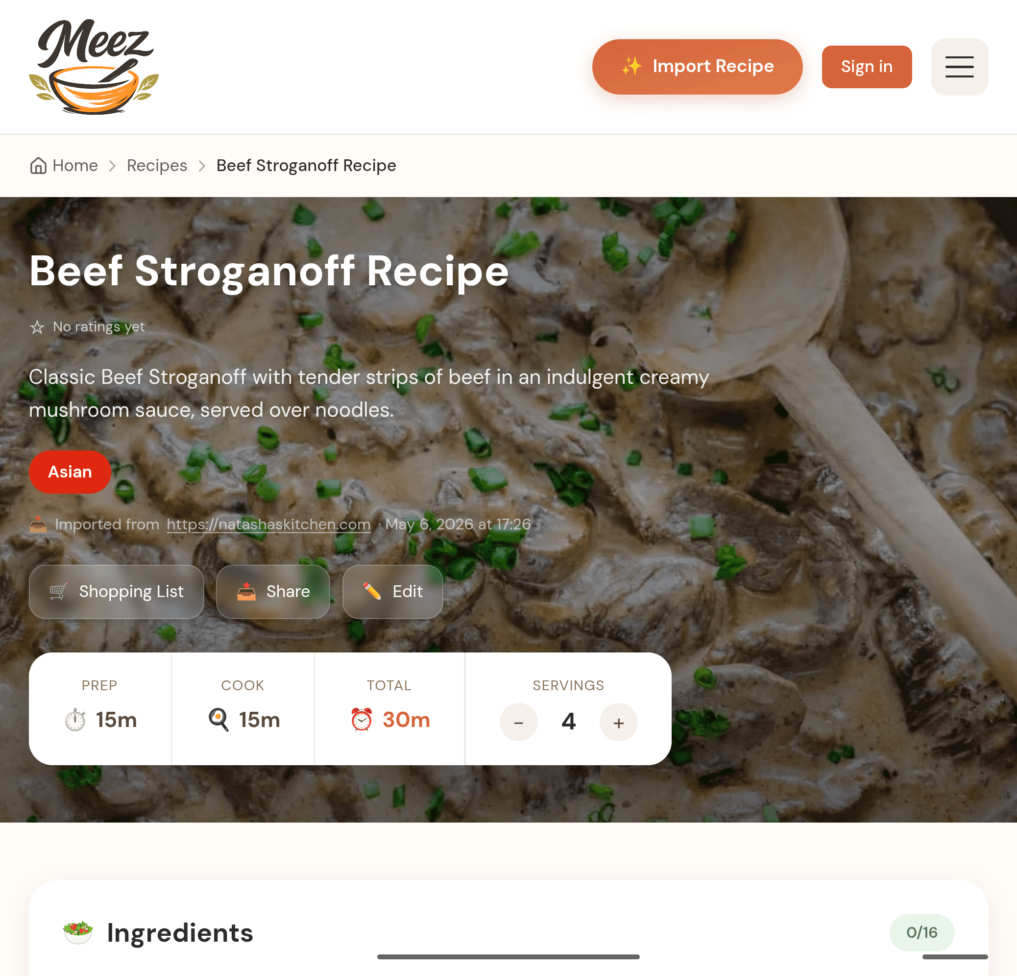 A clean, structured Meez recipe detail page for Beef Stroganoff, themed to its cuisine