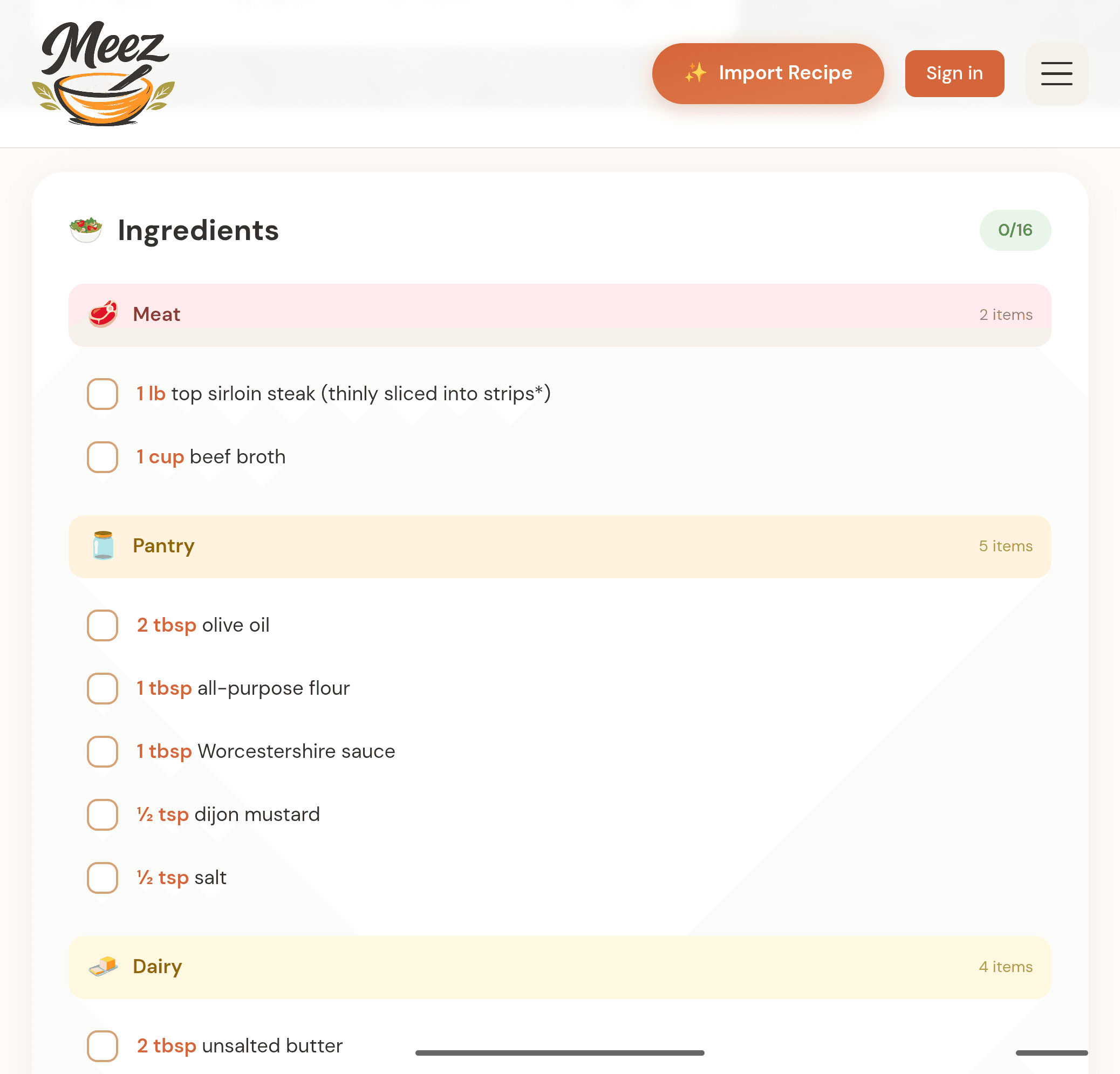 A Meez recipe ingredients view