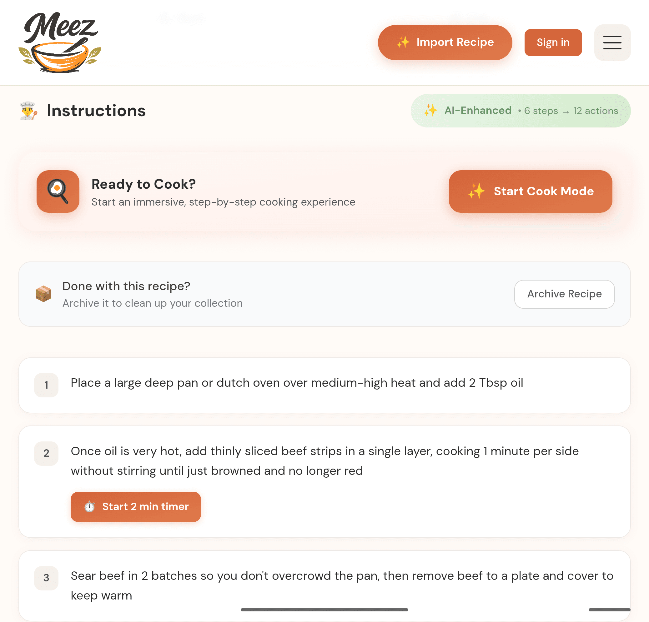 A Meez recipe step-by-step instructions view