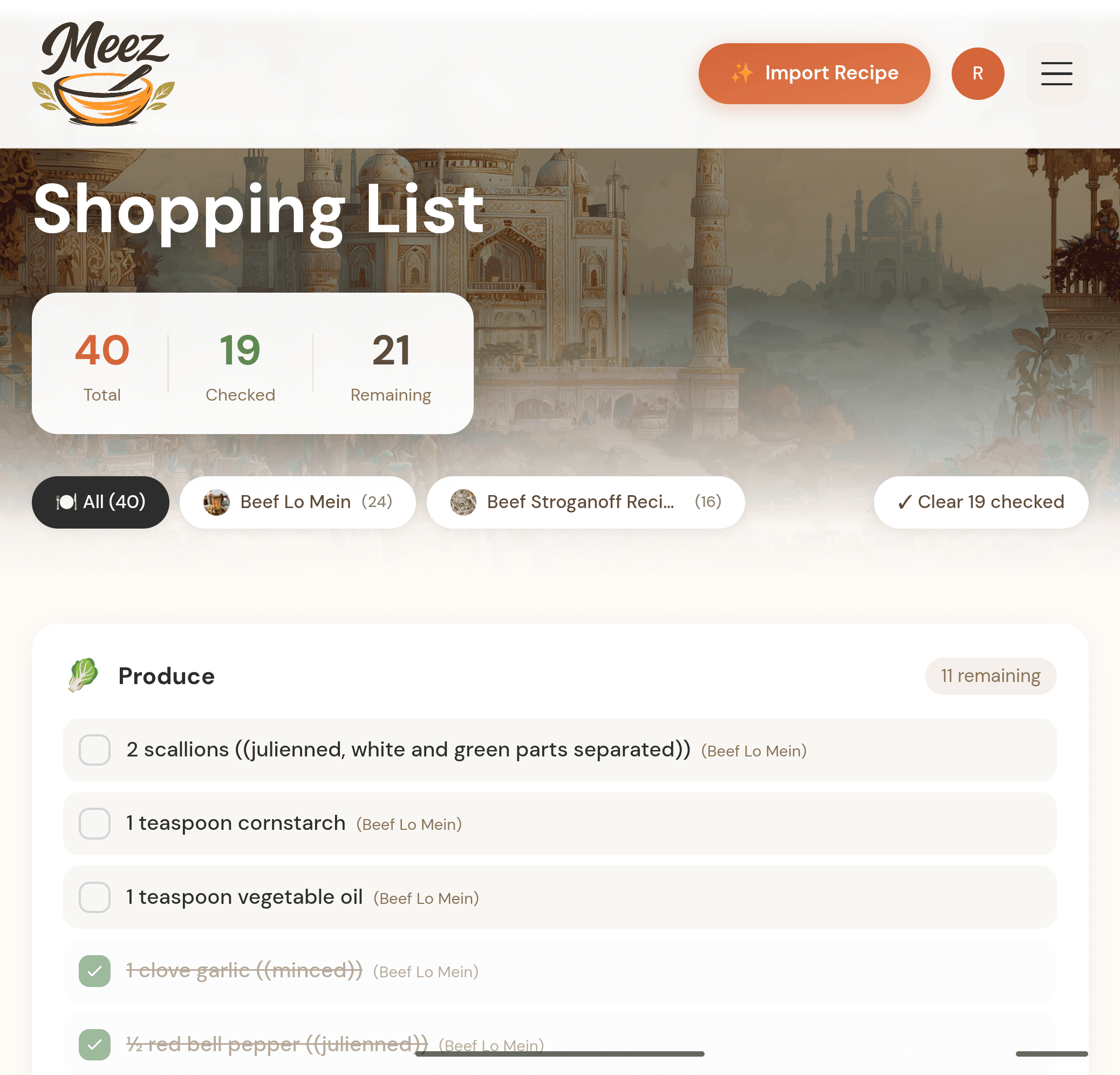 The Meez smart shopping list grouped by grocery aisle with a serving scaler and check-offs