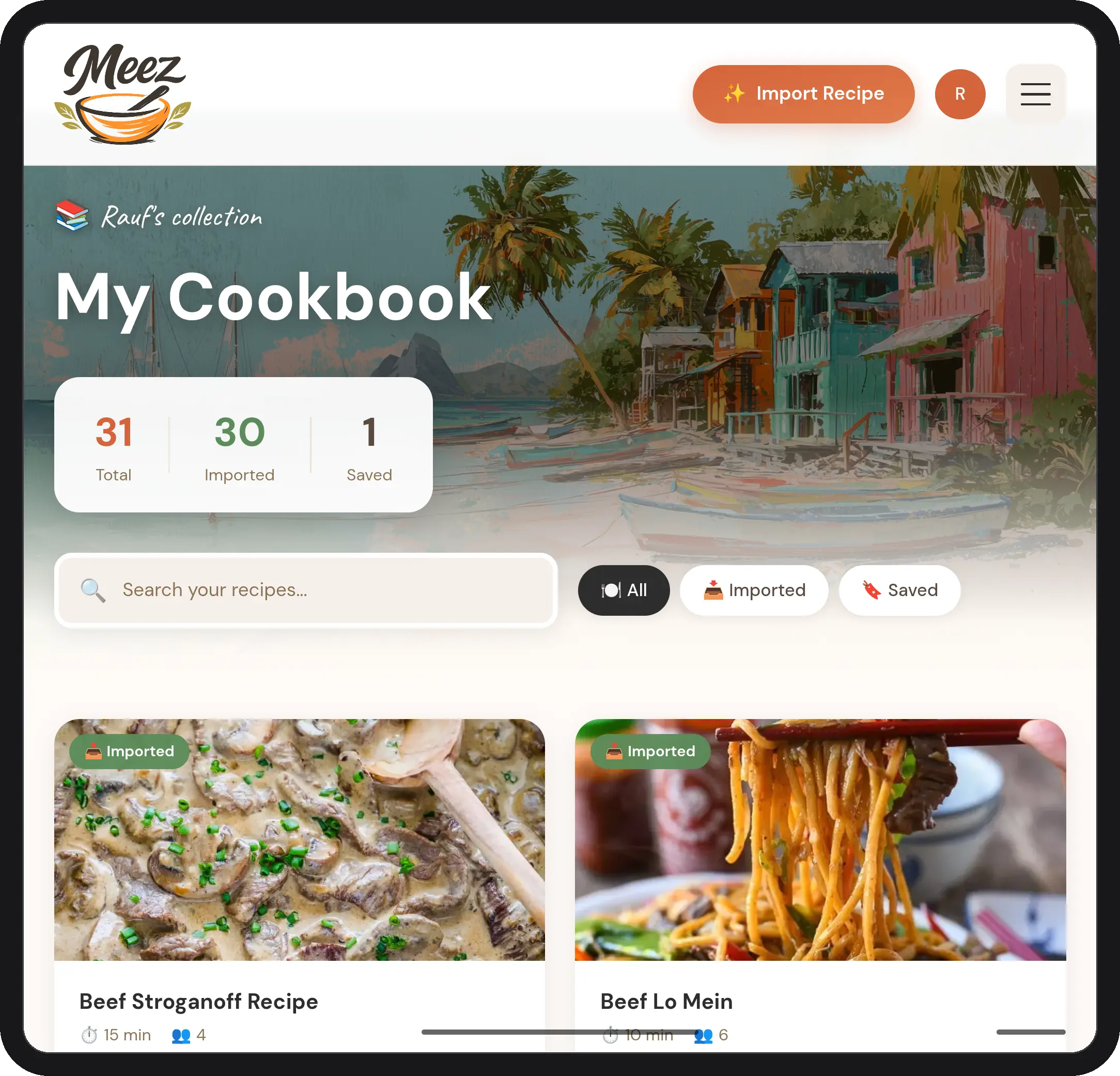 The Meez cookbook shown on a tablet — a warm, cuisine-themed recipe collection
