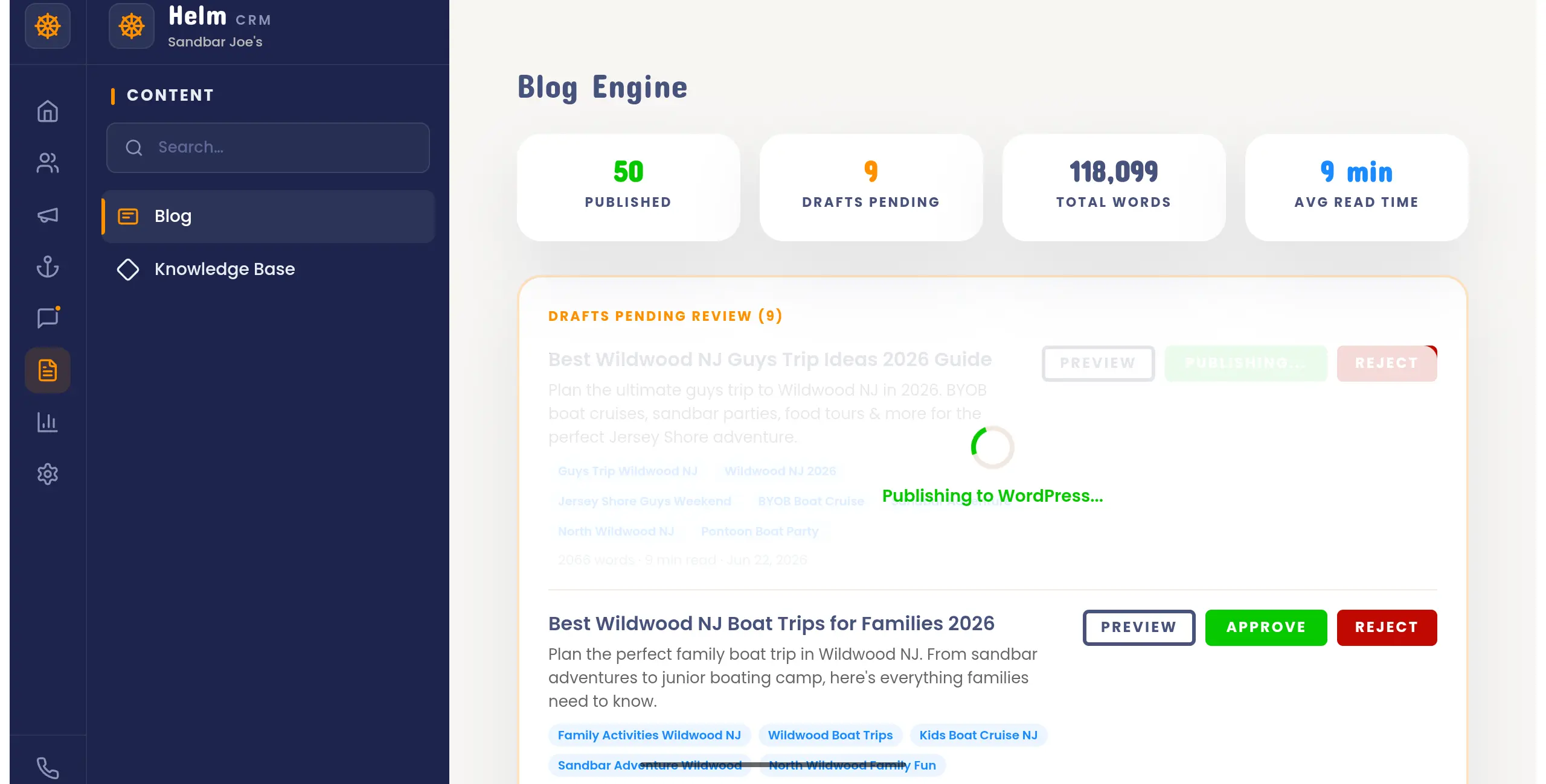 The Helm CRM content and blog engine for Sand Bar Joe's, generating local-SEO articles for Wildwood charters