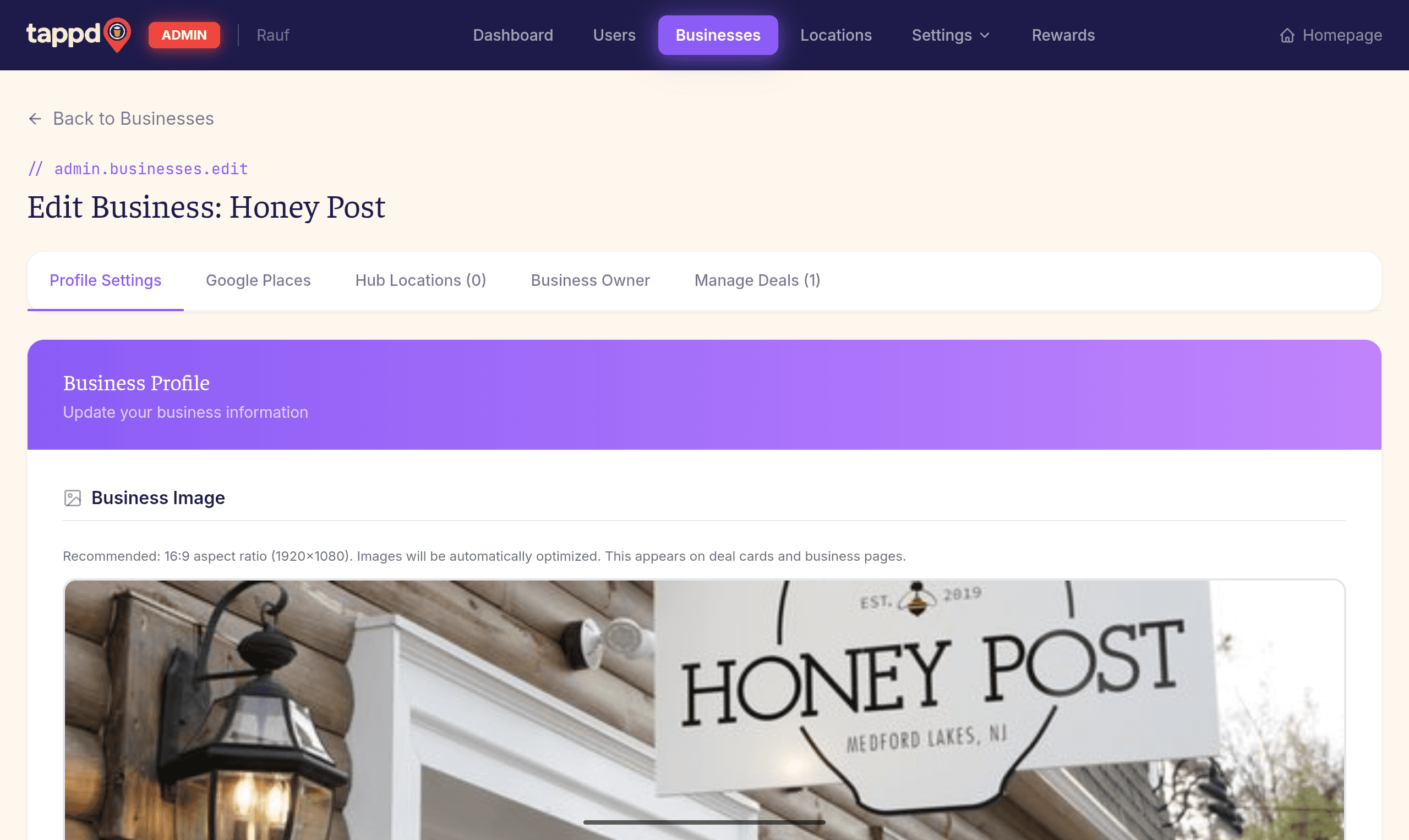 The Tappd business profile editor with banner and details
