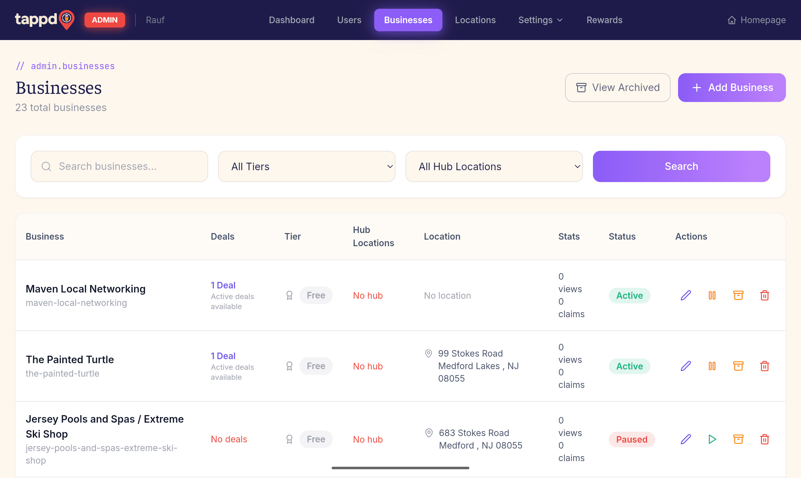 The Tappd admin businesses list showing every advertiser on the platform with status and subscription tier
