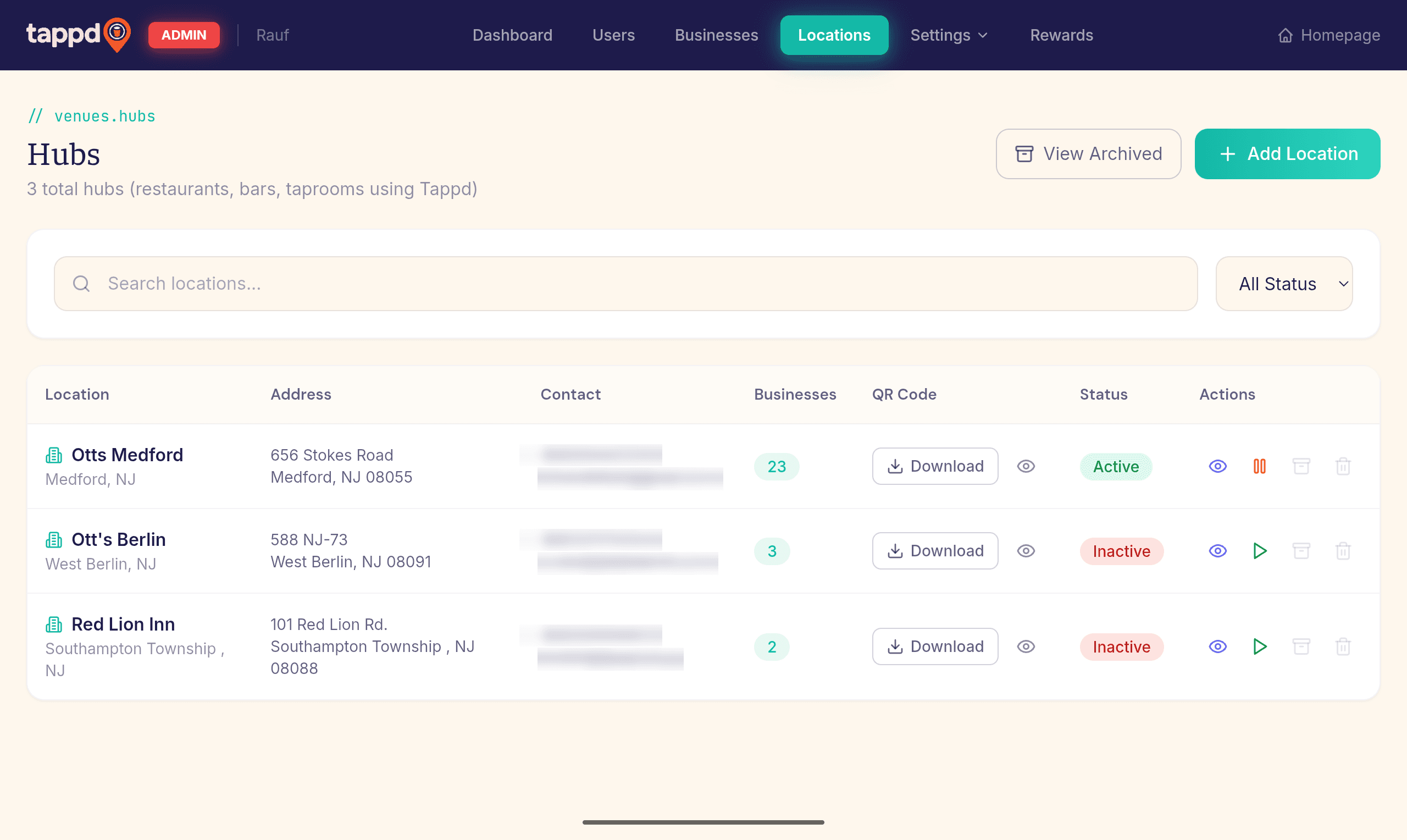 The Tappd locations and hubs management screen