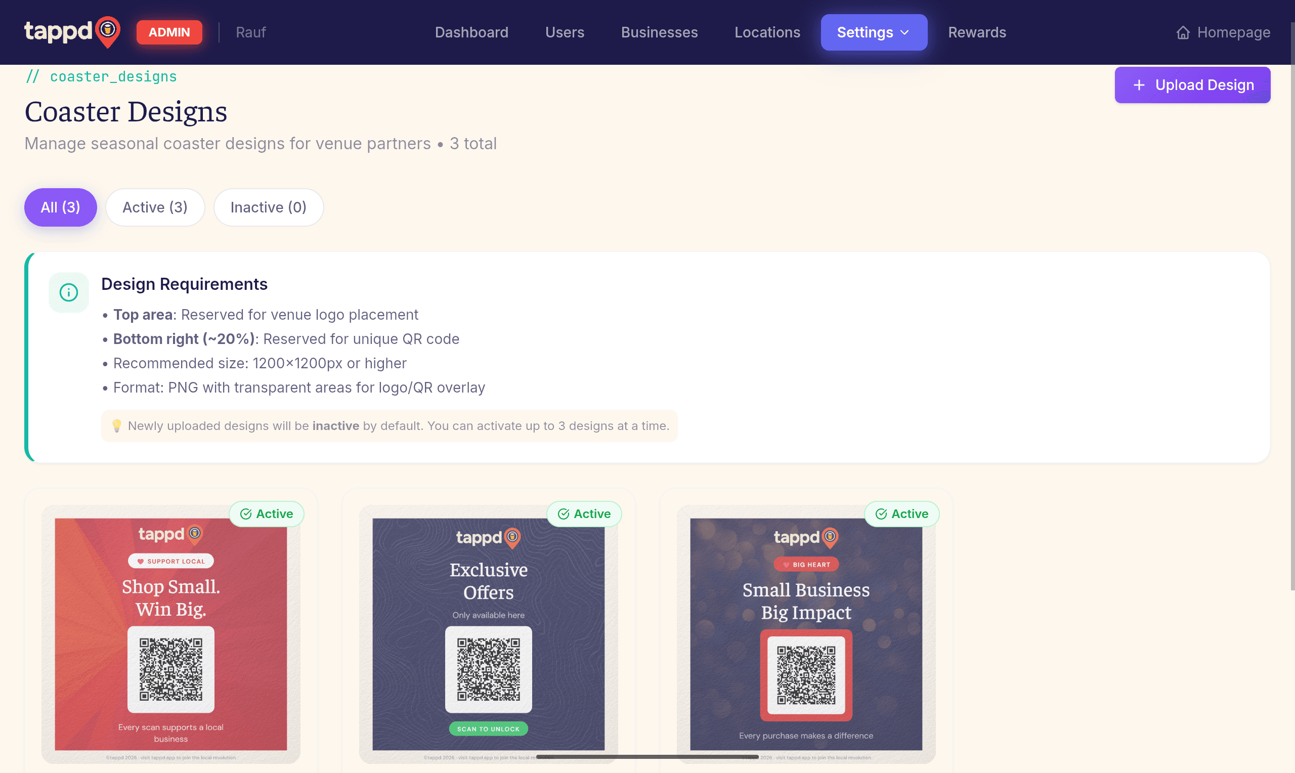 The Tappd coaster-design library across nine conversion-psychology themes, built for A/B testing
