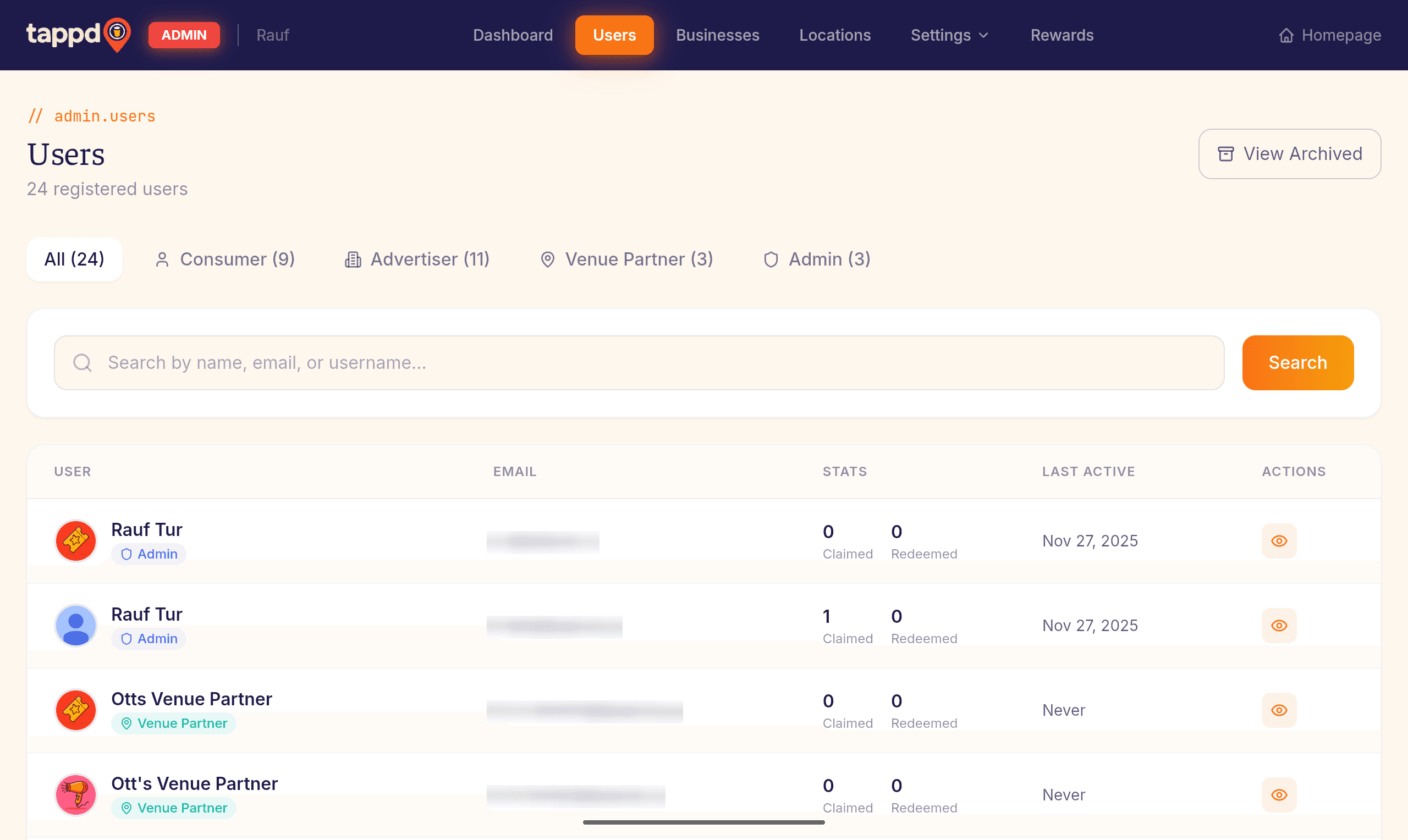 The Tappd admin users list with consumer and business accounts