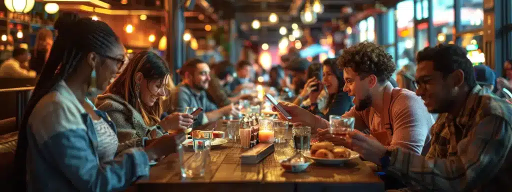 a bustling restaurant dining room filled with smiling customers enjoying their meals while reading promotional emails on their smartphones.