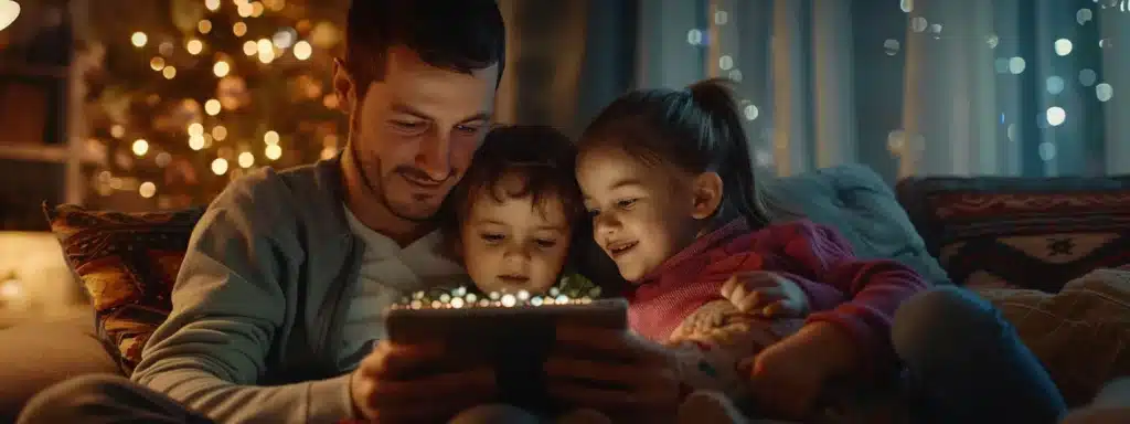 a family browsing through a digital tablet displaying personalized product recommendations based on their exact family size.