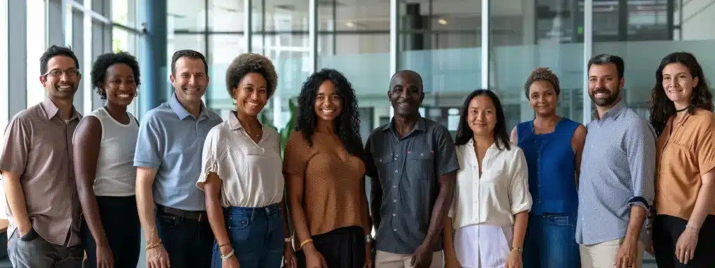 a diverse group of customers categorized by ai tools in a modern, brightly-lit office setting.