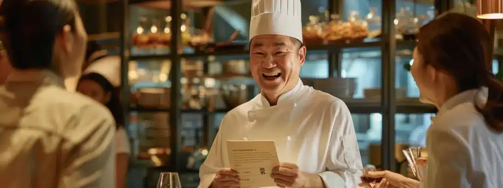 a smiling chef presenting a personalized email offer to a group of delighted diners.