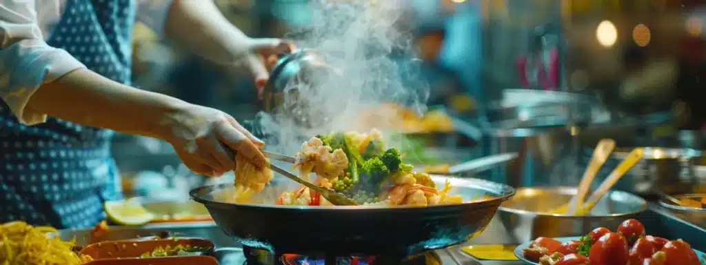 a chef preparing a mouth-watering dish with colorful fresh ingredients at a bustling restaurant kitchen.