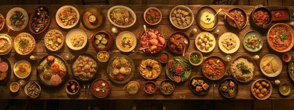 a diverse array of mouth-watering dishes arranged on a rustic wooden table, ready to be served and shared at a bustling restaurant.