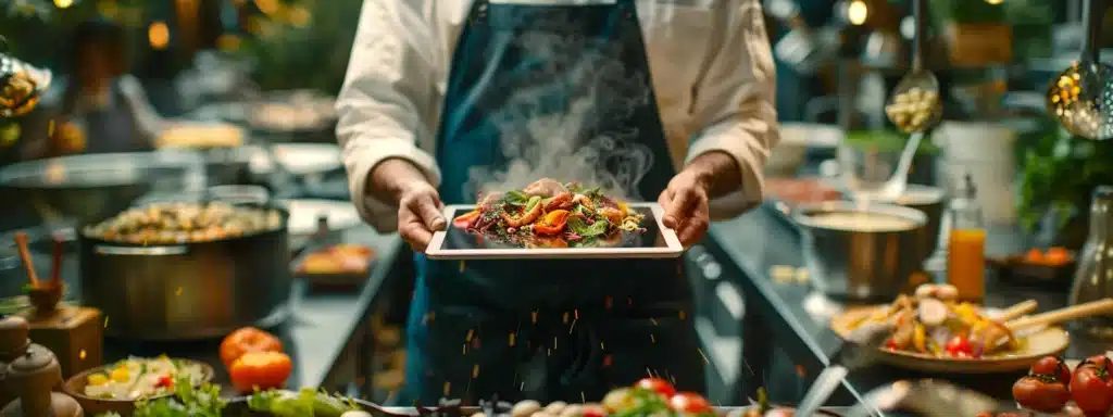 a chef holding a digital tablet filled with a colorful array of mouthwatering dishes, surrounded by a bustling kitchen with ingredients and cooking utensils scattered about.
