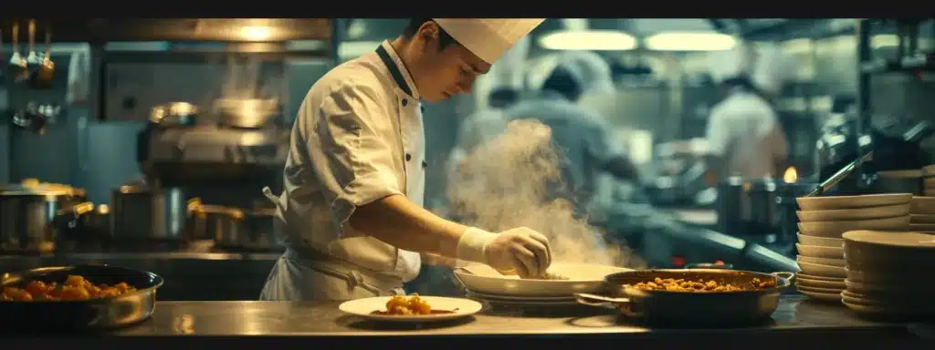 a chef preparing a mouth-watering dish in a bustling kitchen.