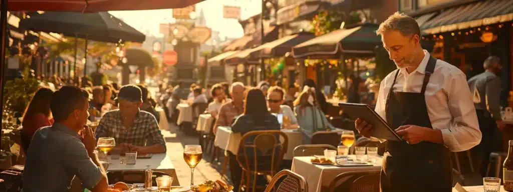 a bustling restaurant patio with diners enjoying a delicious meal, while a waiter checks his tablet filled with email subscriptions for future promotions.