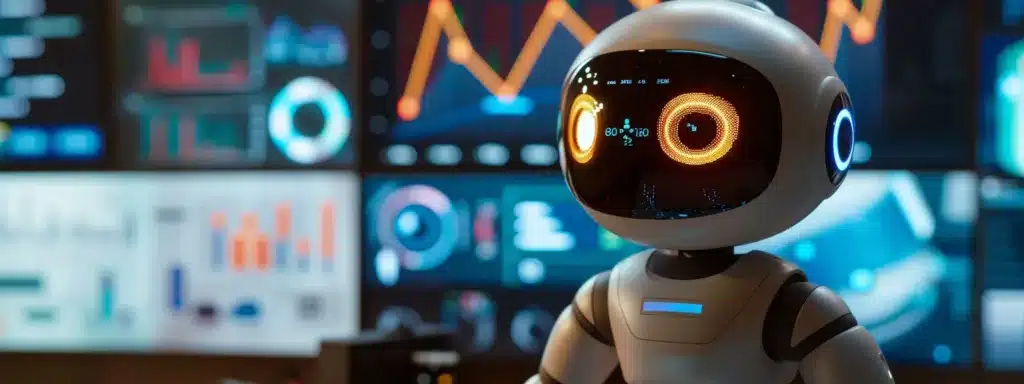 a futuristic robot analyzing income data with colorful graphs projected in the background.